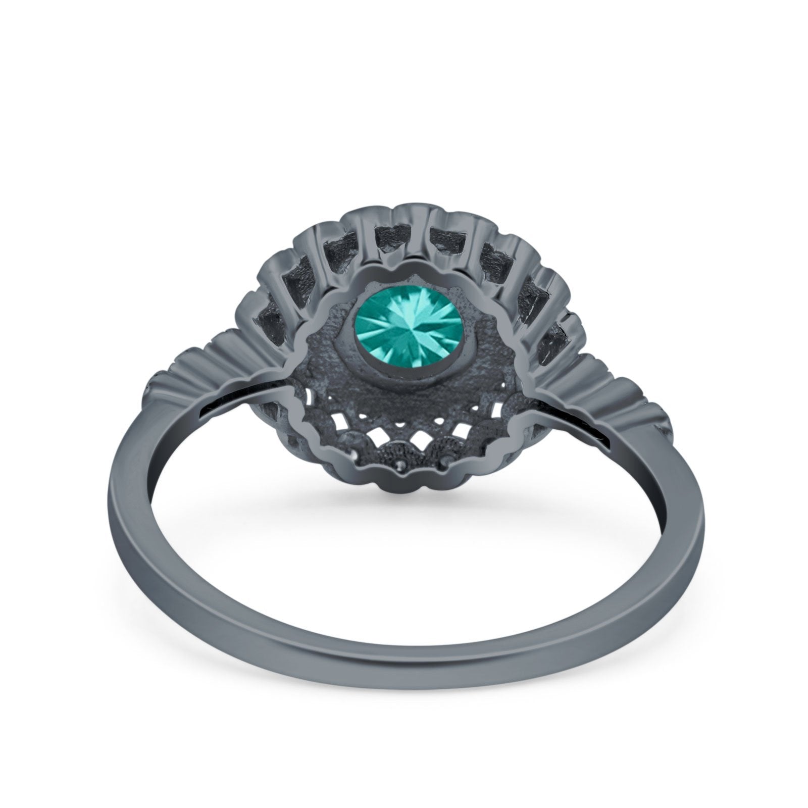 Halo Art Deco Wedding Ring Round Black Tone, Simulated Paraiba Tourmaline CZ 925 Sterling Silver