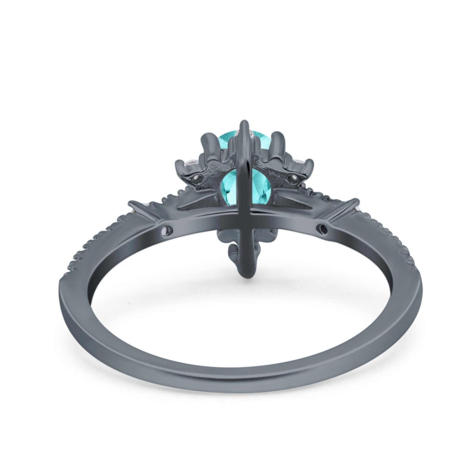 Starburst Teardrop Art Deco Pear Wedding Ring Black Tone, Simulated Paraiba Tourmaline CZ 925 Sterling Silver