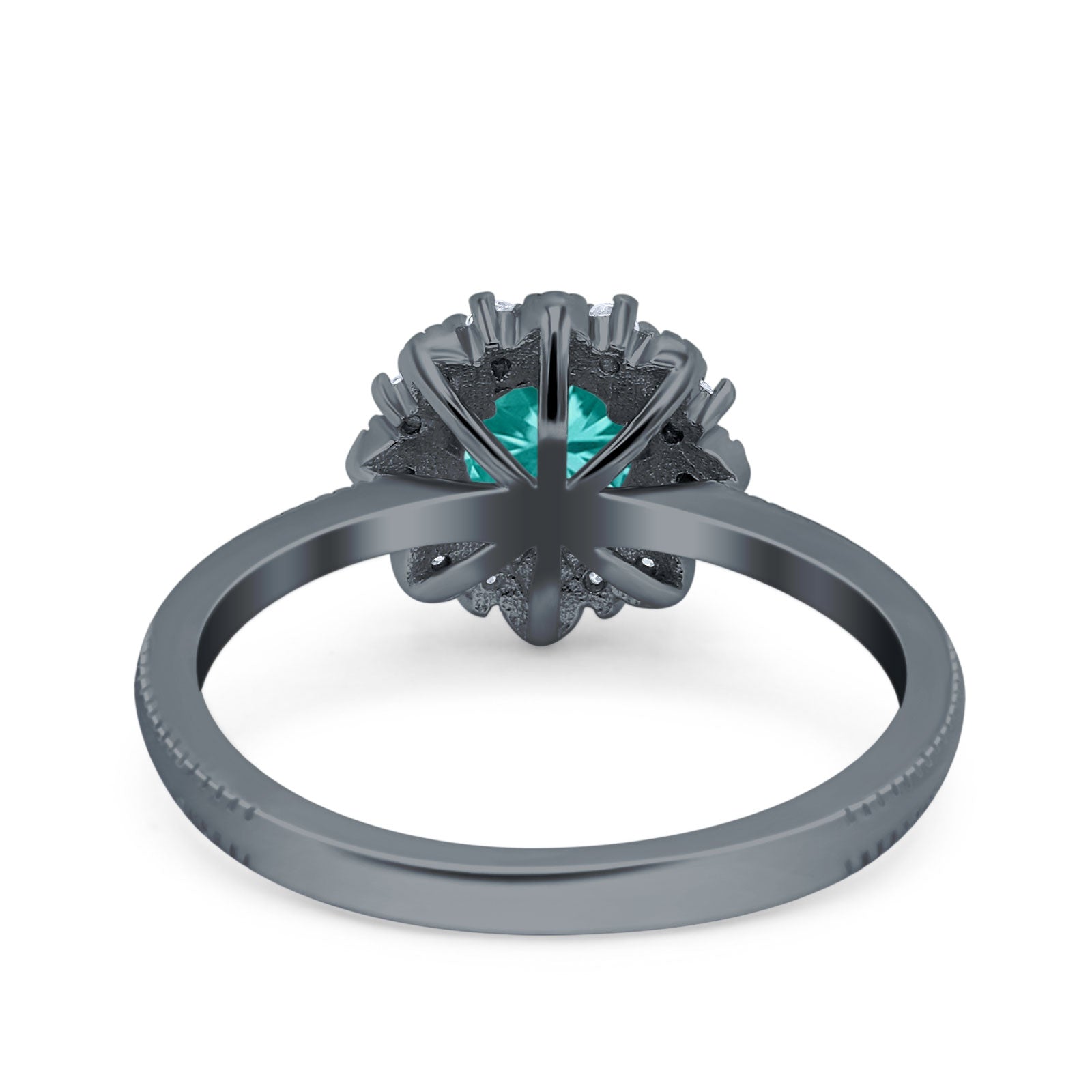Halo Floral Style Art Deco Round Wedding Engagement Ring Black Tone, Simulated Paraiba Tourmaline CZ 925 Sterling Silver