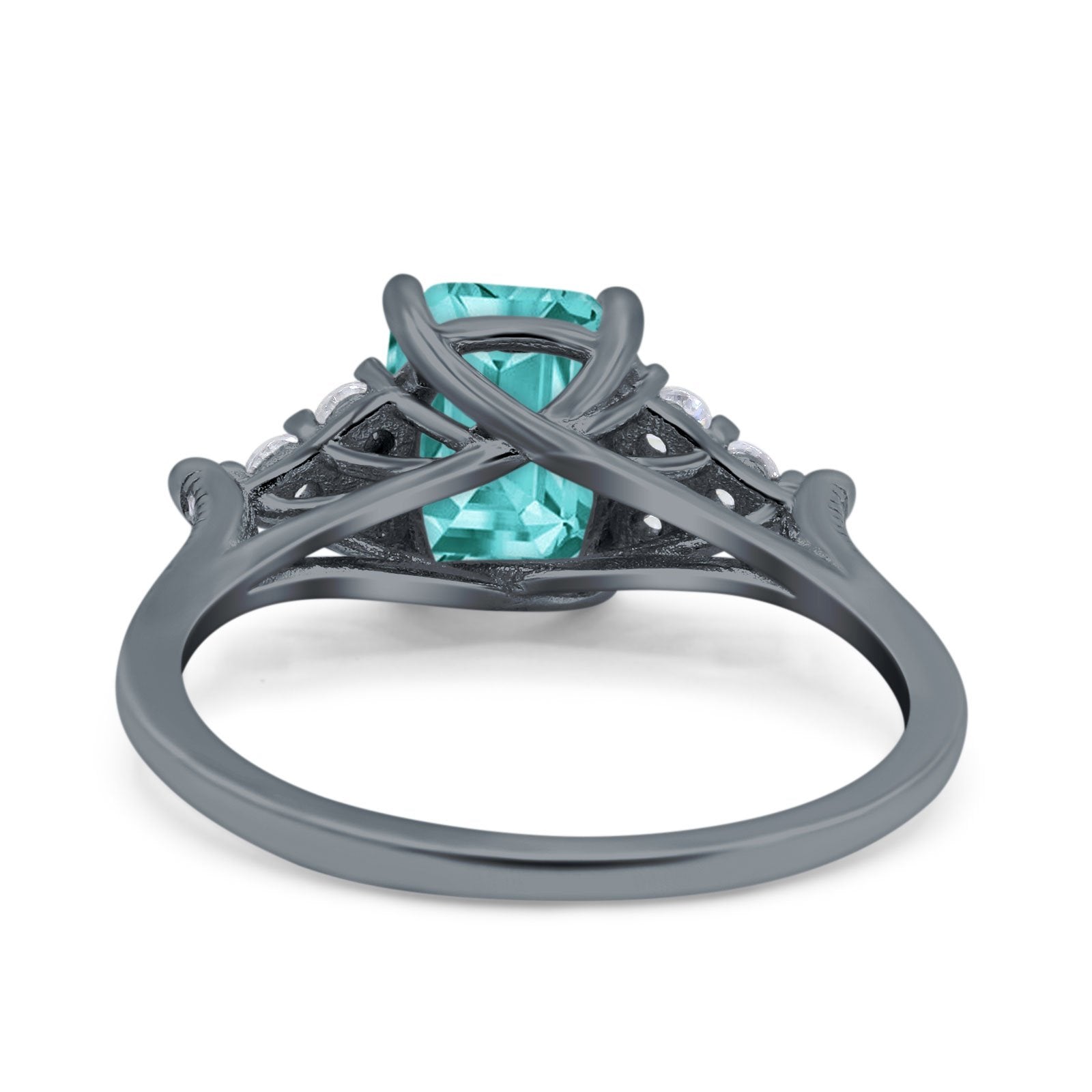 Art Deco Emerald Cut Wedding Bridal Ring Black Tone, Simulated Paraiba Tourmaline CZ 925 Sterling Silver
