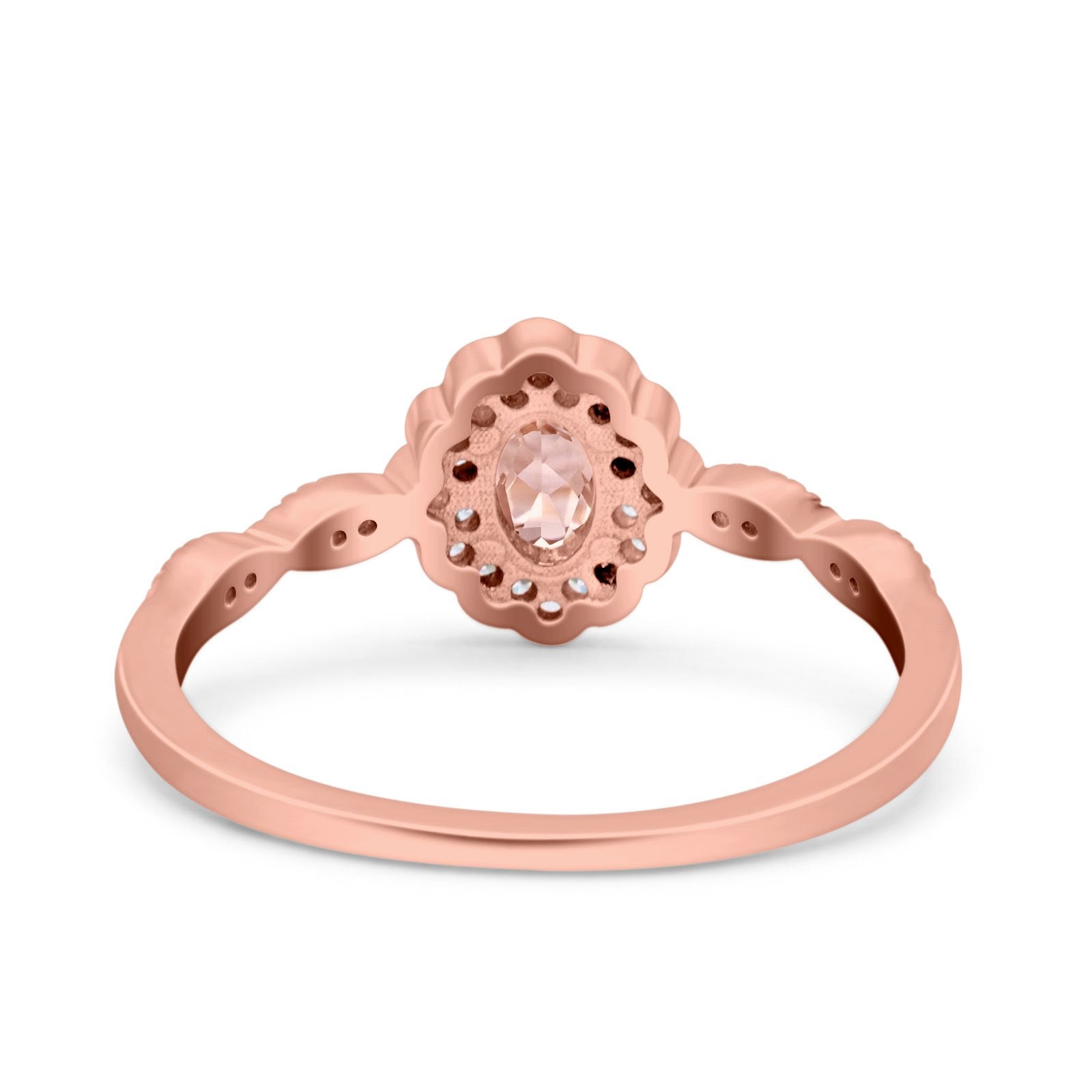 Halo Vintage Floral Art Deco Wedding Ring Oval Rose Tone, Simulated Morganite CZ 925 Sterling Silver