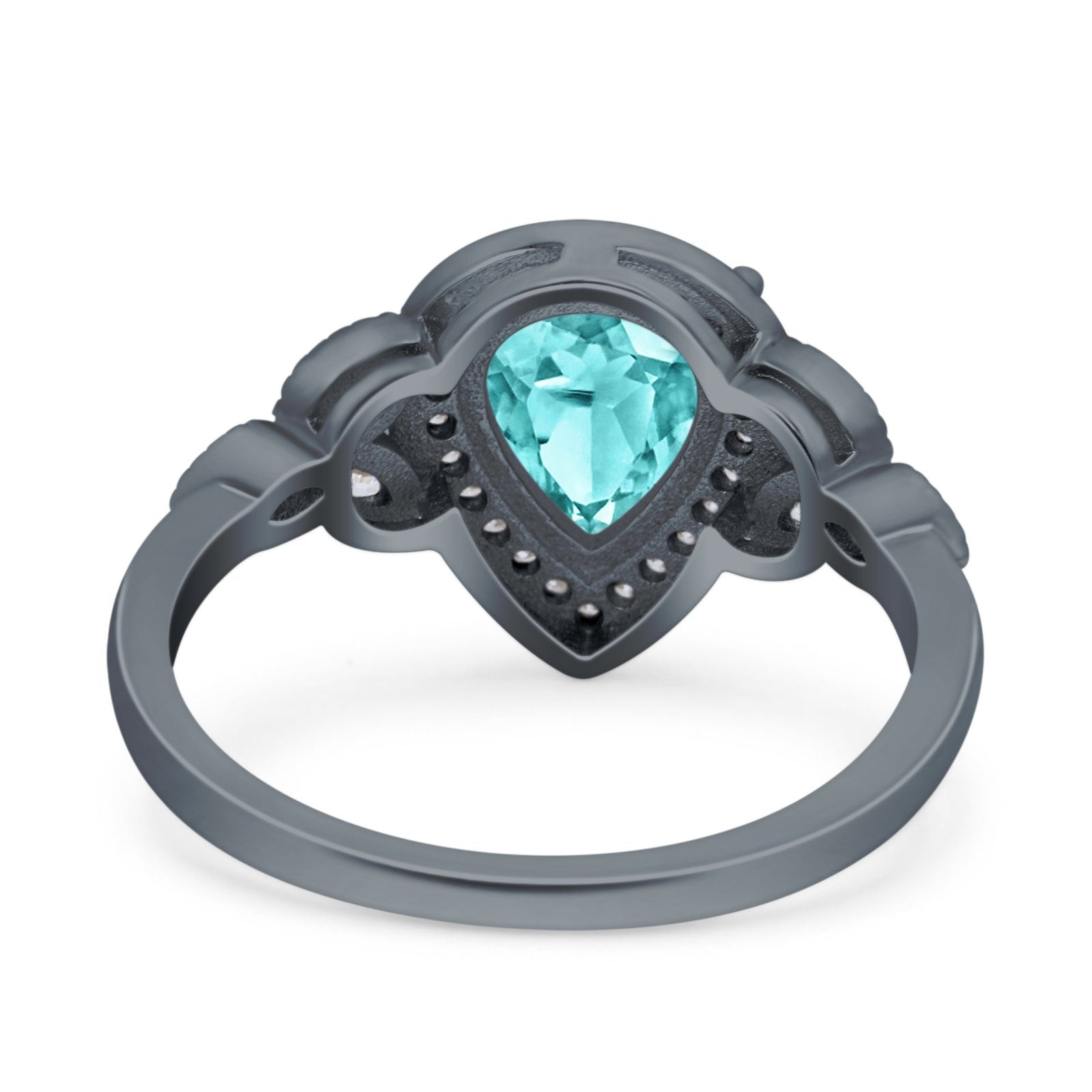 Halo Art Deco Wedding Pear Ring Black Tone, Simulated Paraiba Tourmaline CZ 925 Sterling Silver