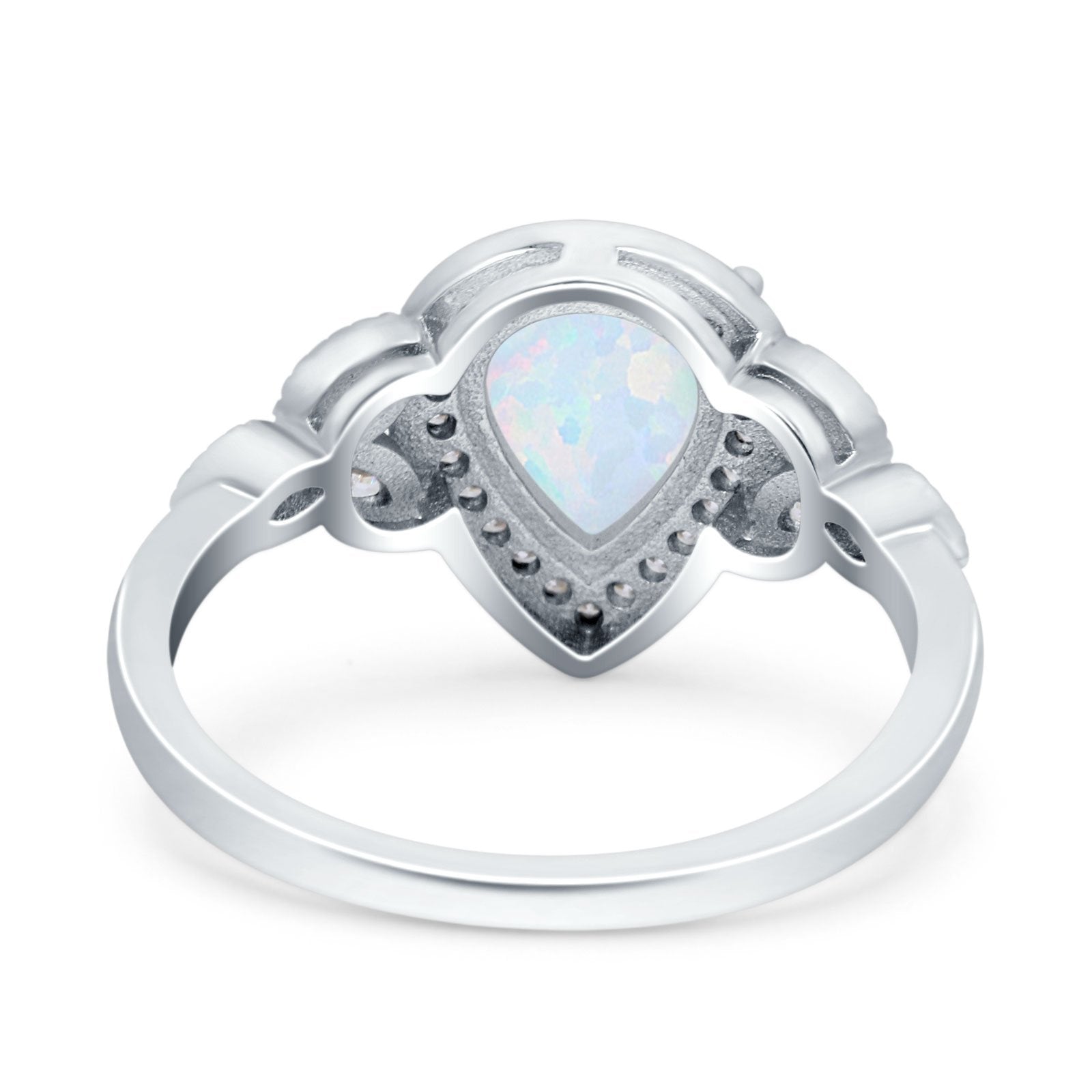 Halo Art Deco Wedding Pear Ring Lab Created White Opal 925 Sterling Silver