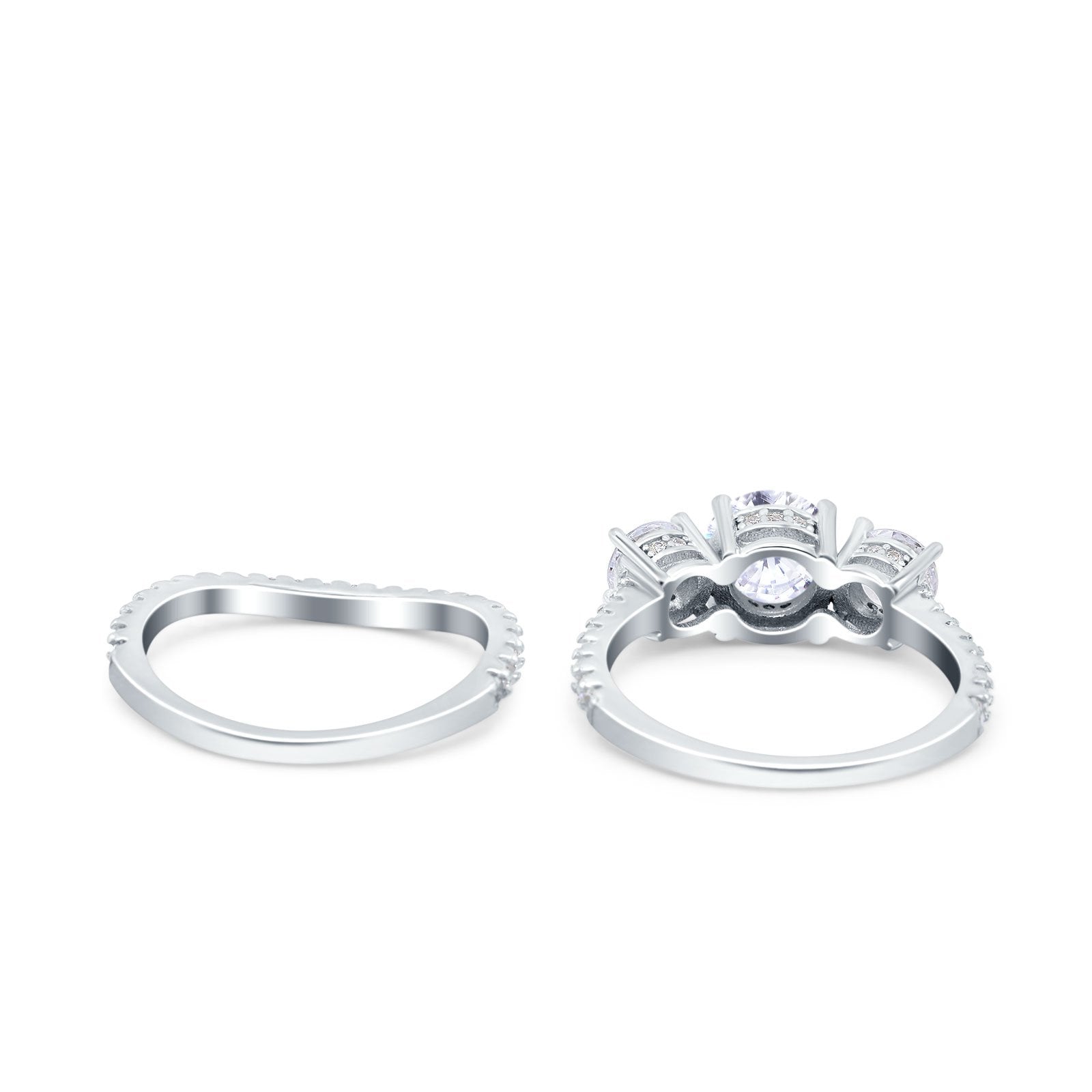 Three Stone Art Deco Wedding Piece Ring Round Simulated Cubic Zirconia 925 Sterling Silver