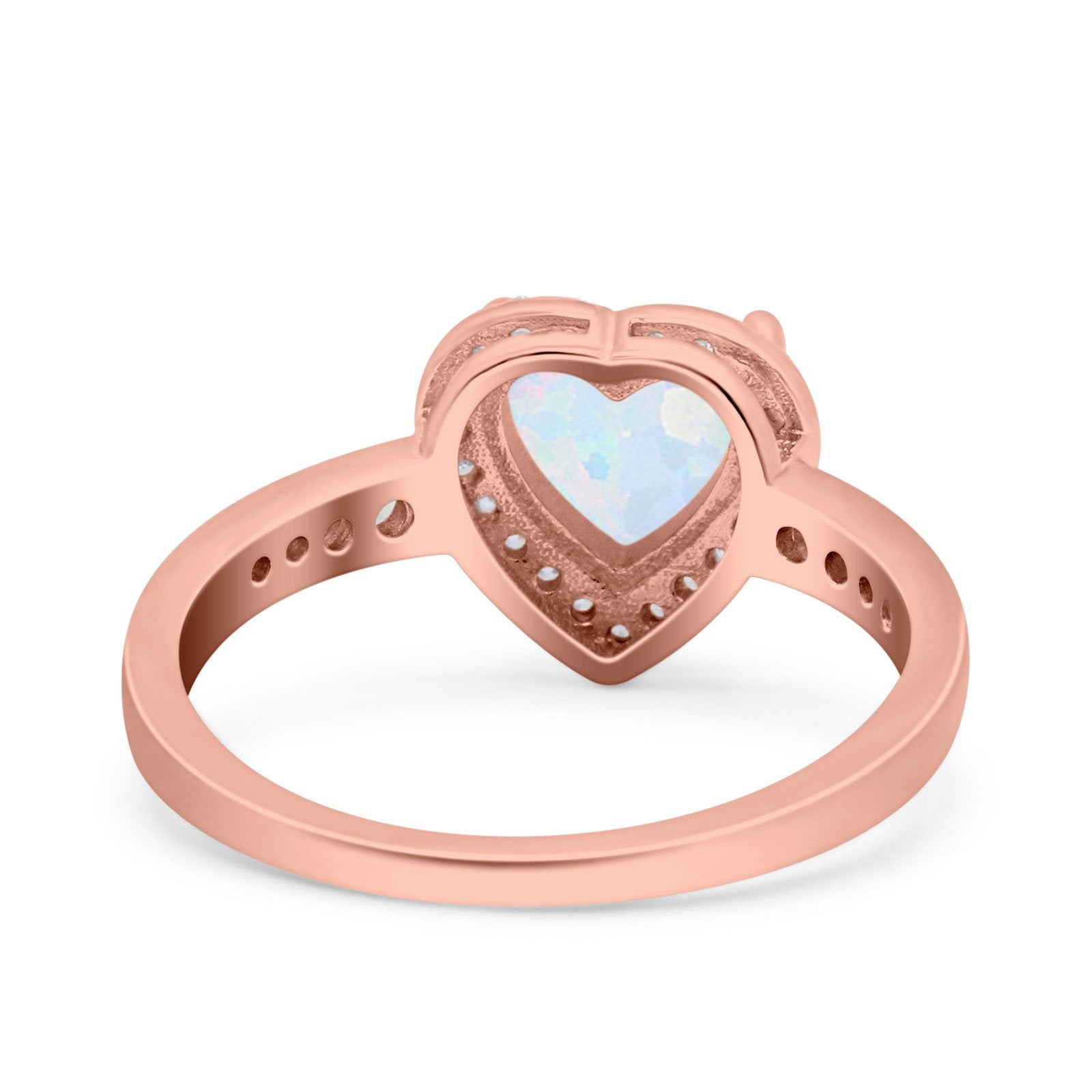 Heart Promise Ring Halo Rose Tone, Lab Created White Opal 925 Sterling Silver