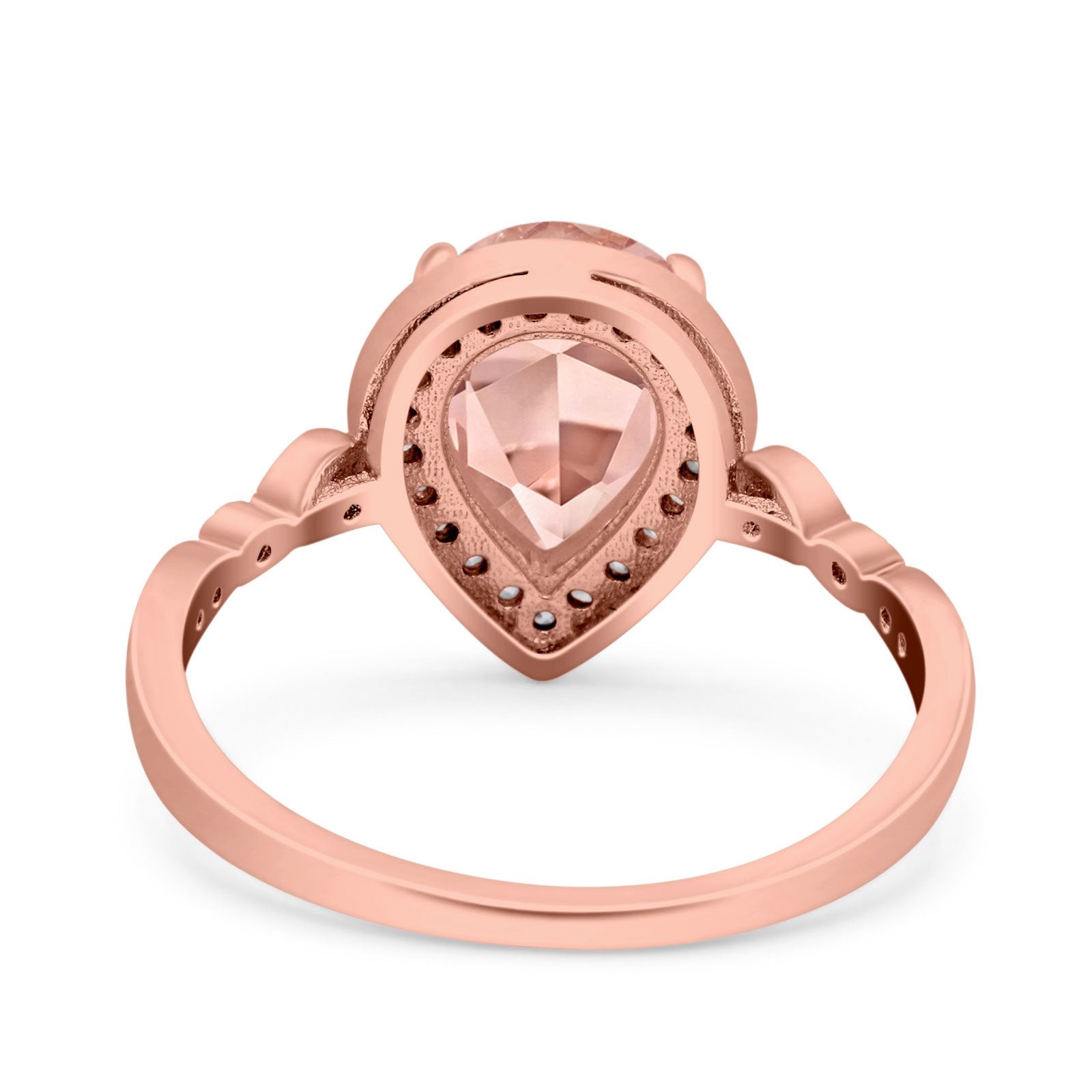 Teardrop Pear Art Deco Wedding Ring Rose Tone, Simulated Morganite CZ 925 Sterling Silver