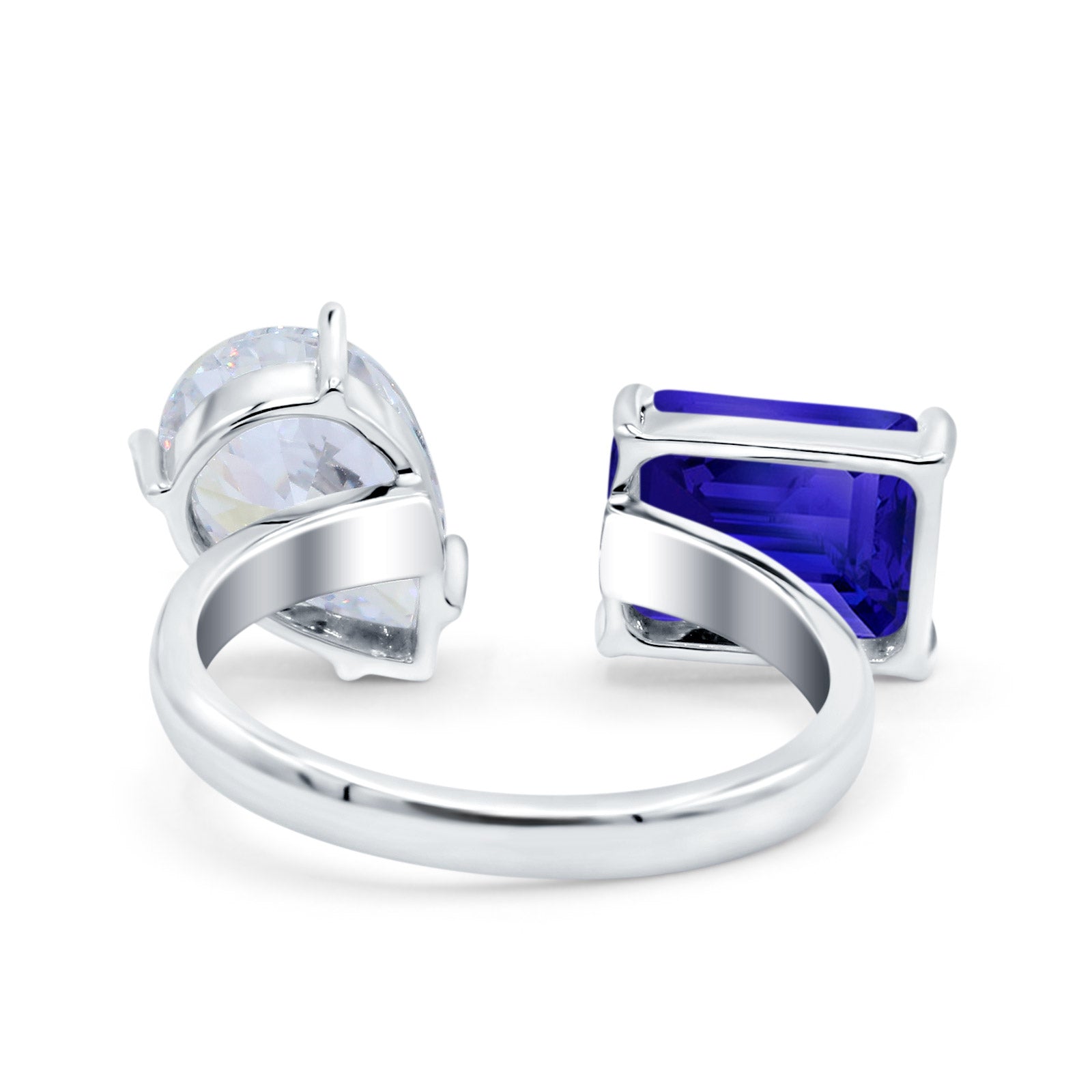 Open Teardrop Pear Emerald Cut Wedding Bridal Simulated Blue Sapphire CZ Cocktail Ring 925 Sterling Silver