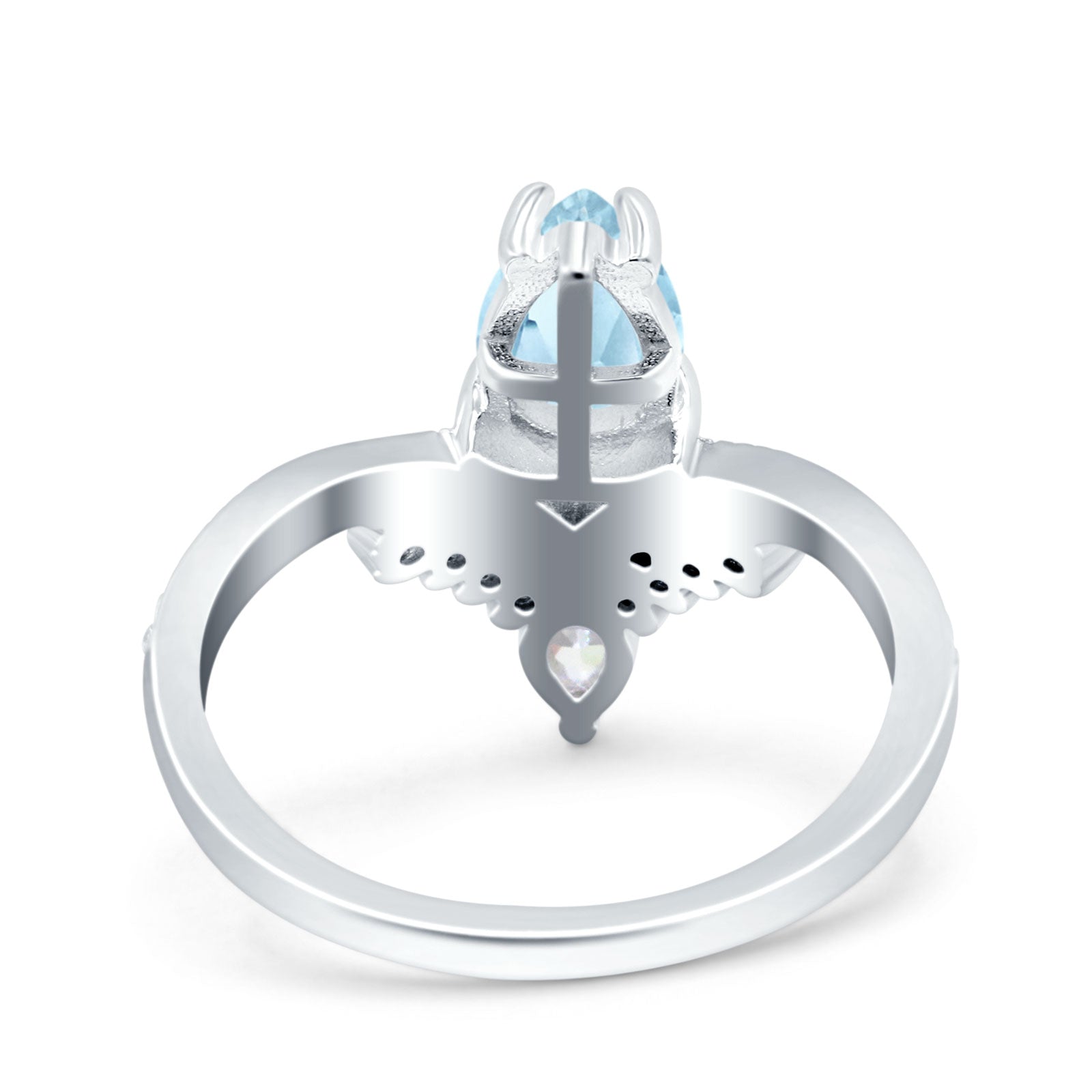 Art Deco Solitaire Accent Pear Wedding Bridal Ring Band Simulated Aquamarine CZ 925 Sterling Silver