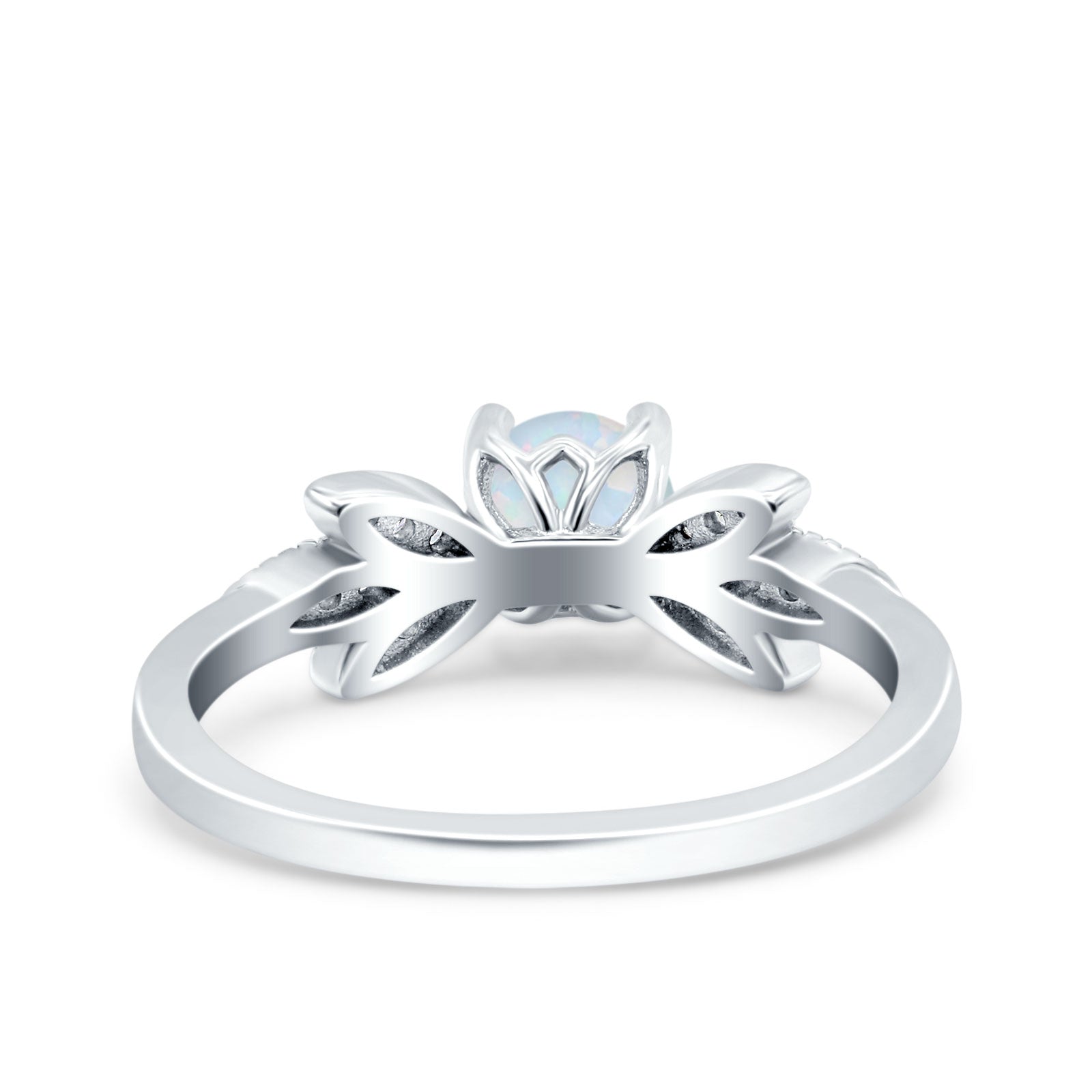 Art Deco Wedding Bridal Ring Leaf Dainty Round Lab Created White Opal 925 Sterling Silver