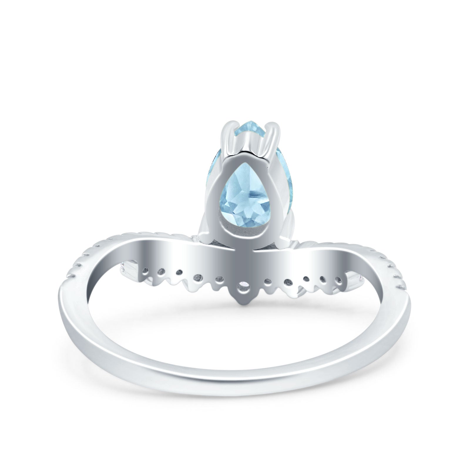 Art Deco Solitaire Accent Pear Wedding Bridal Ring Band Simulated Aquamarine CZ 925 Sterling Silver