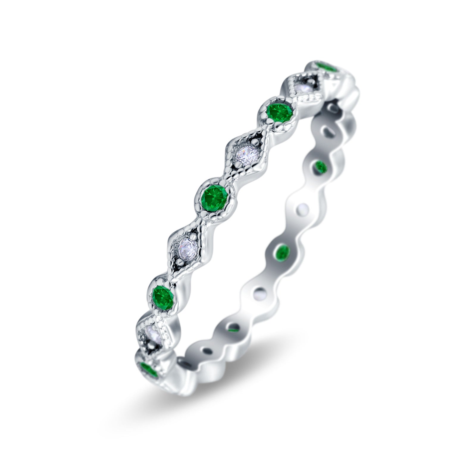 Full Eternity Stackable Ring Wedding Band Round Simulated Green Emerald CZ 925 Sterling Silver (3mm)