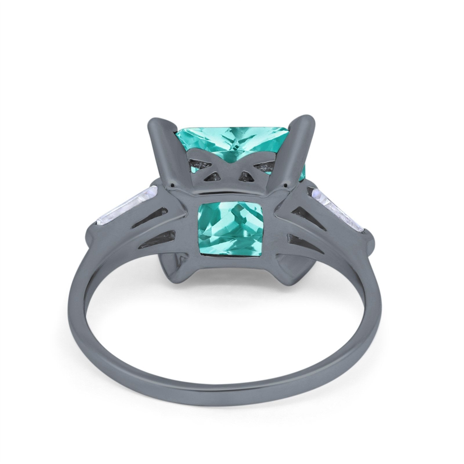Princess Cut Baguette Wedding Ring Black Tone, Simulated Paraiba Tourmaline CZ 925 Sterling Silver