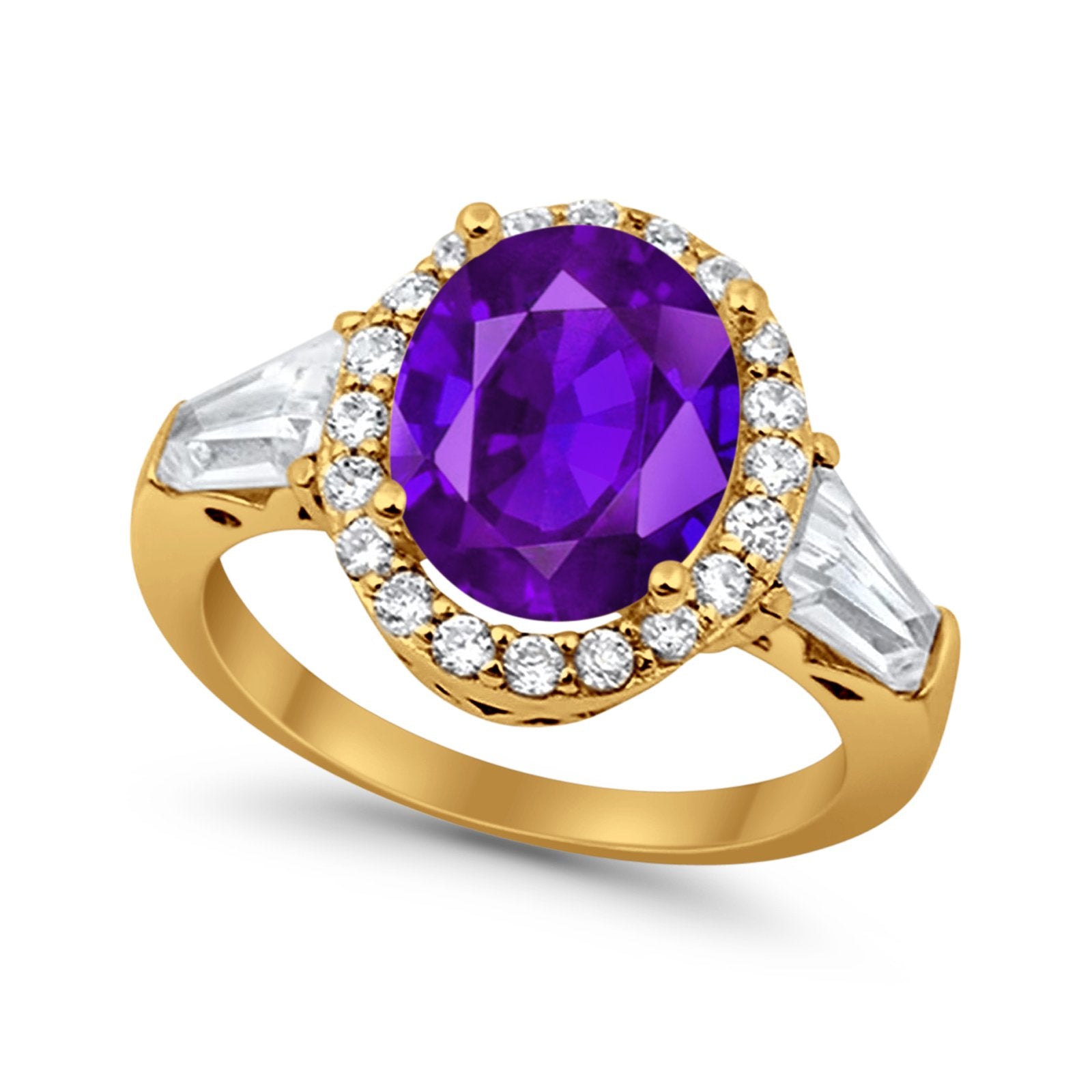 Halo Fashion Ring Baguette Yellow Tone, Simulated Amethyst CZ 925 Sterling Silver