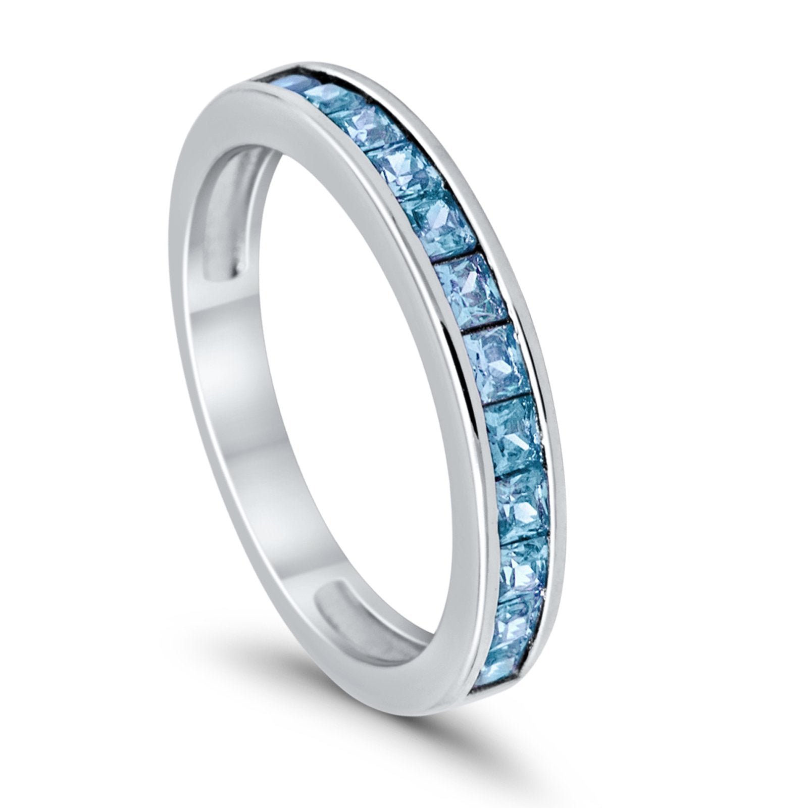 Half Eternity Band Wedding Ring Simulated Aquamarine CZ  925 Sterling Silver