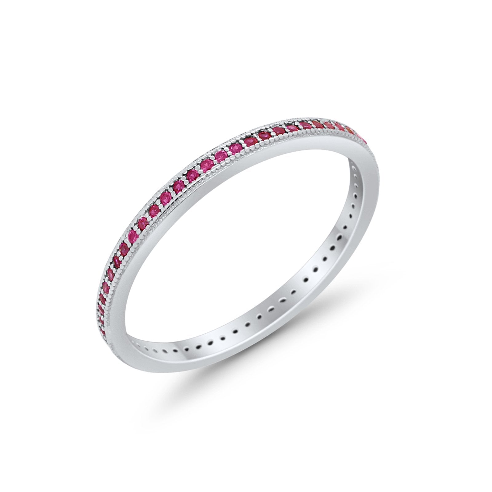 Full Eternity Stackable Band Rings Simulated Pink Ruby CZ 925 Sterling Silver