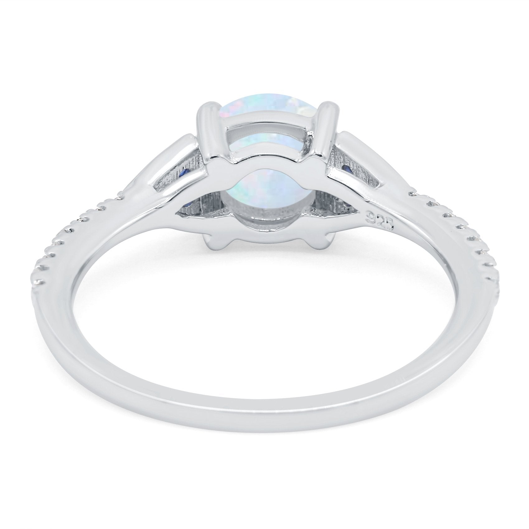 Art Deco Wedding Ring Simulated Blue Sapphire CZ Round Lab Created White Opal 925 Sterling Silver
