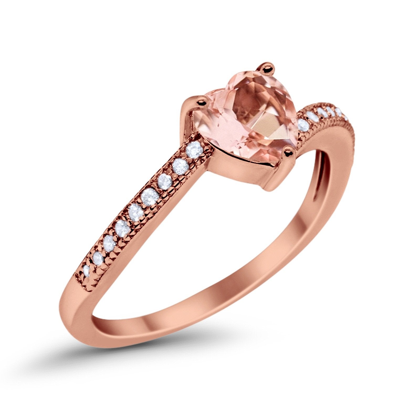 Heart Promise Ring Rose Tone, Simulated Morganite CZ  925 Sterling Silver