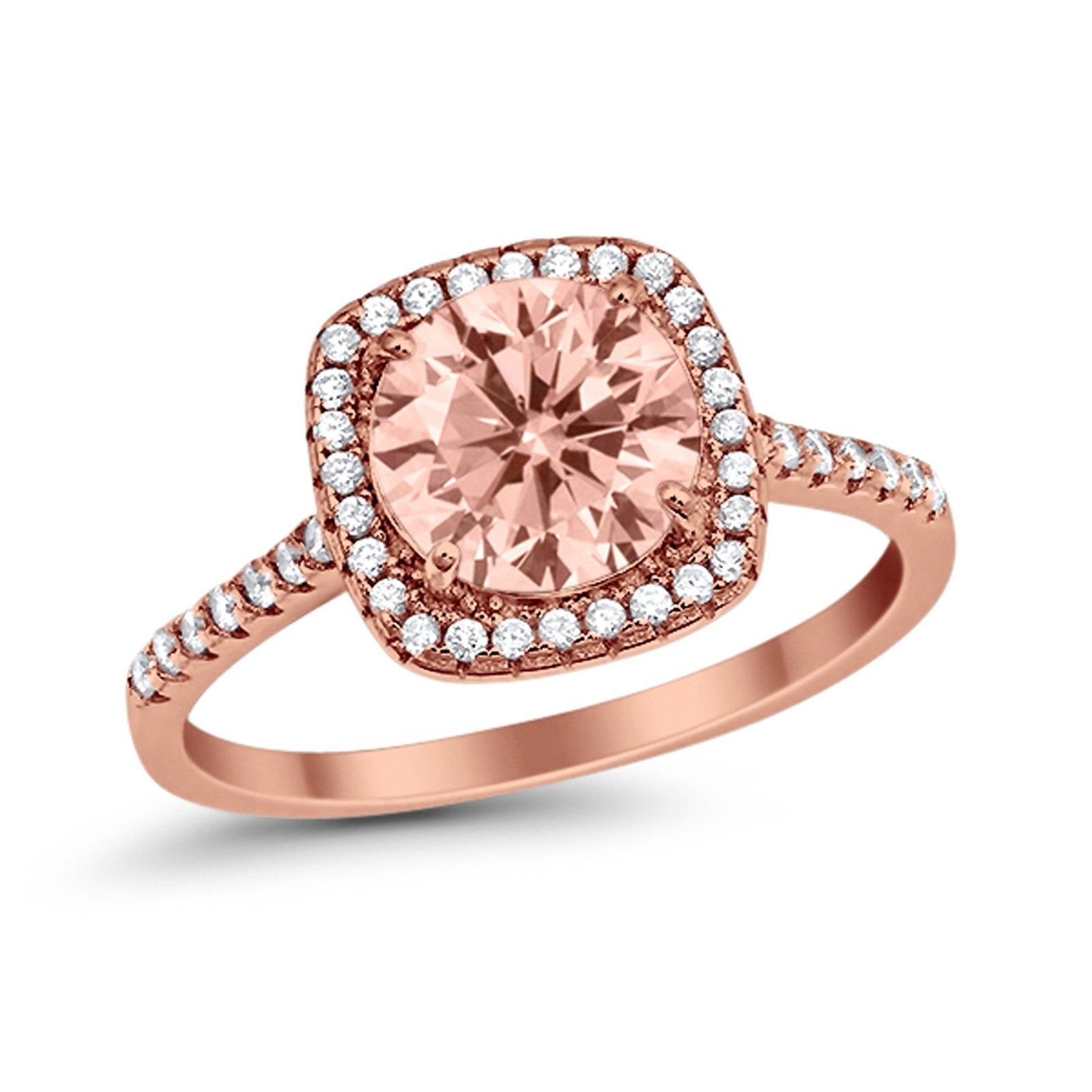 Halo Wedding Engagement Ring Round Rose Tone, Simulated Morganite CZ 925 Sterling Silver