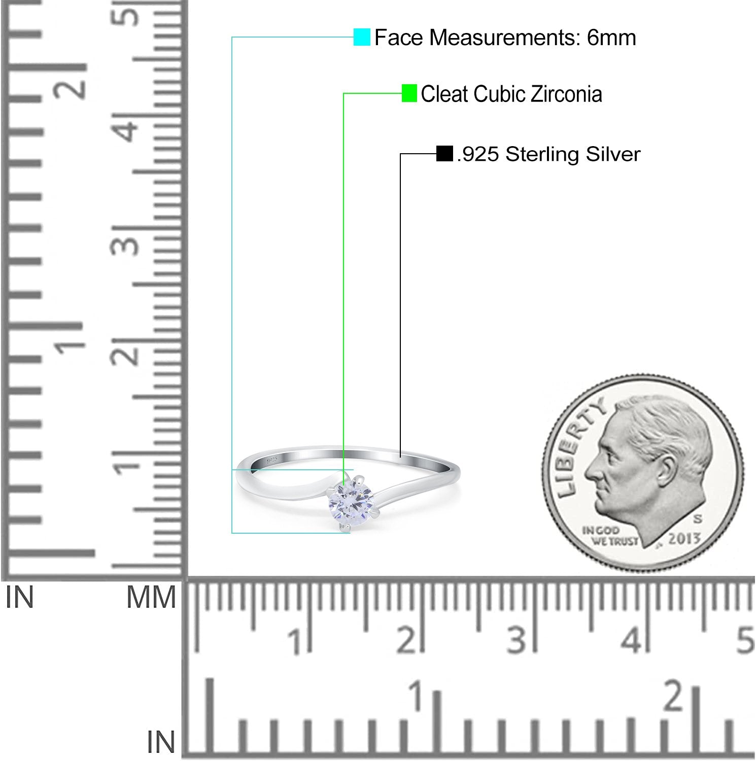 Bypass Solitaire Wedding Ring Round Simulated Cubic Zirconia 925 Sterling Silver