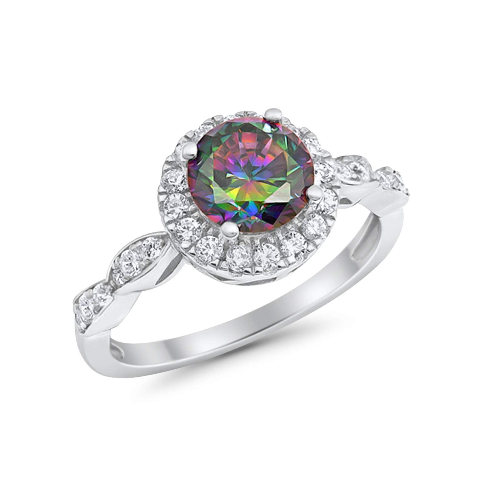 Art Deco Design Engagement Ring Simulated Rainbow CZ 925 Sterling Silver