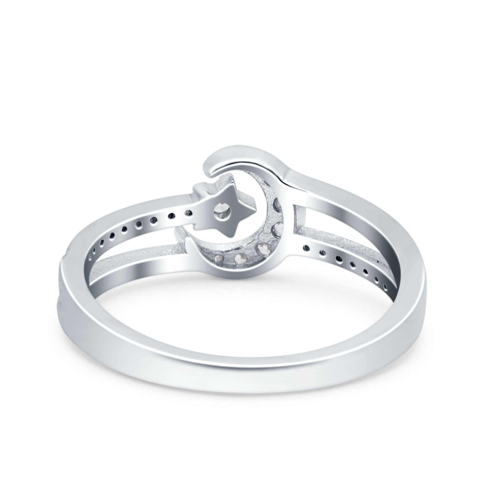 Moon Star Ring Round Simulated Cubic Zirconia Split Shank 925 Sterling Silver