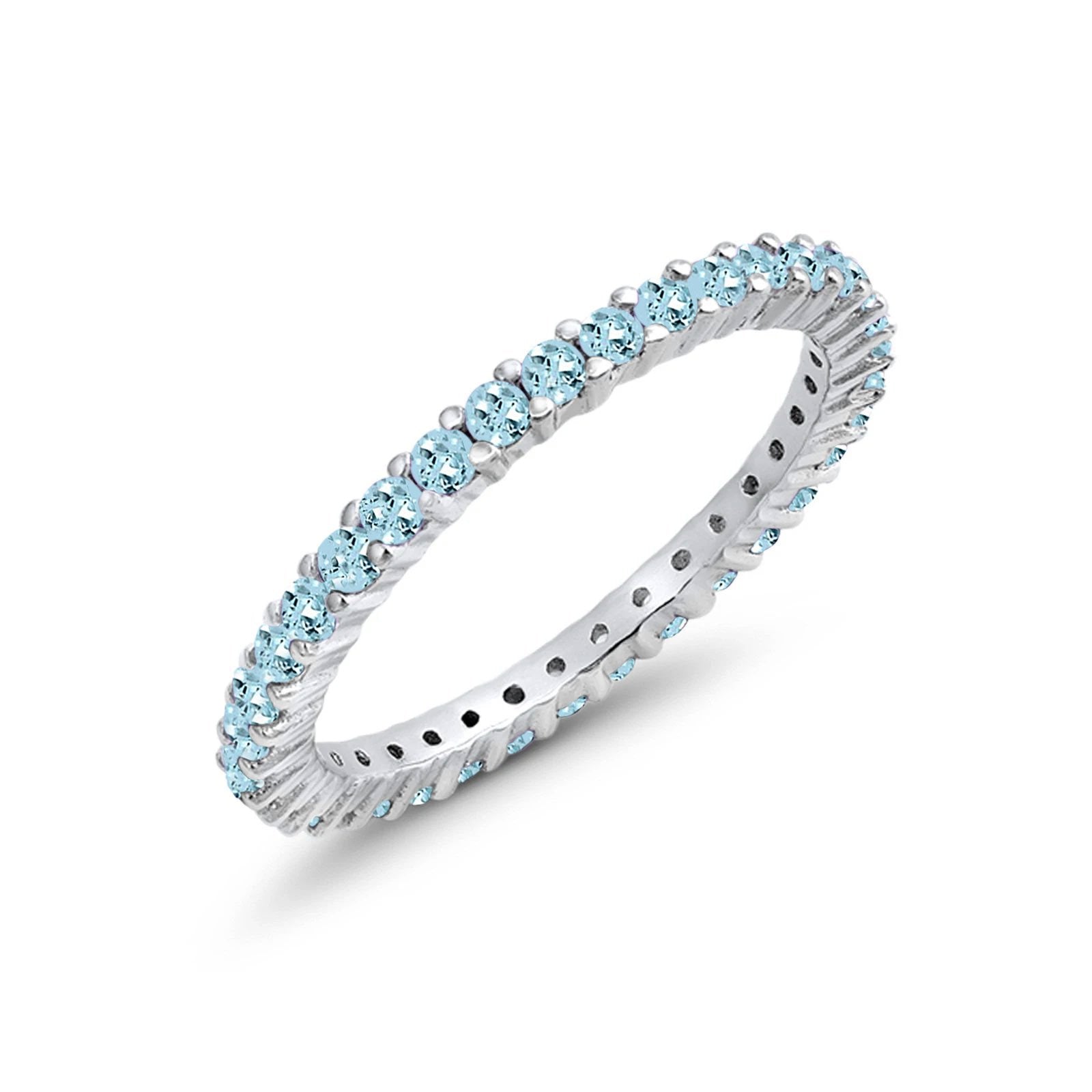 Full Eternity Wedding Band Round Simulated Aquamarine CZ Ring 925 Sterling Silver