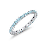Full Eternity Wedding Band Round Simulated Aquamarine CZ Ring 925 Sterling Silver