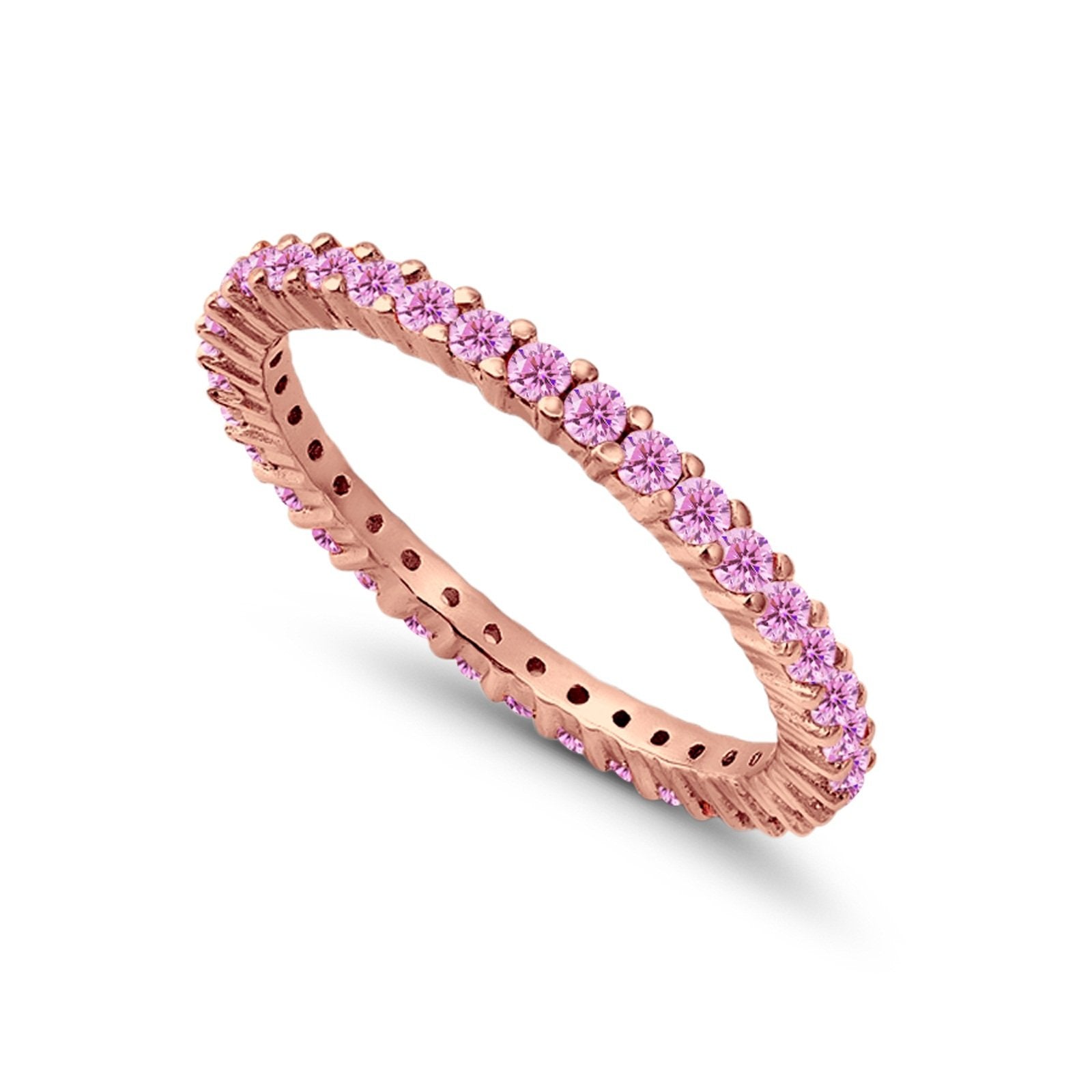 Full Eternity Wedding Round Rose Tone, Simulated Pink CZ Ring 925 Sterling Silver