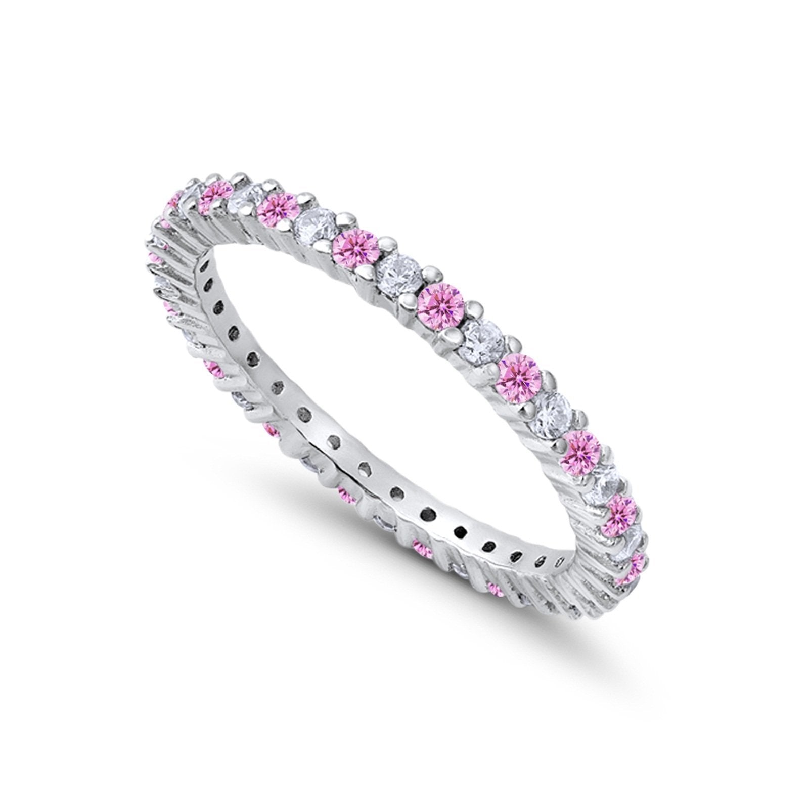 Full Eternity Wedding Band Round Simulated Pink Cubic Zirconia Ring 925 Sterling Silver