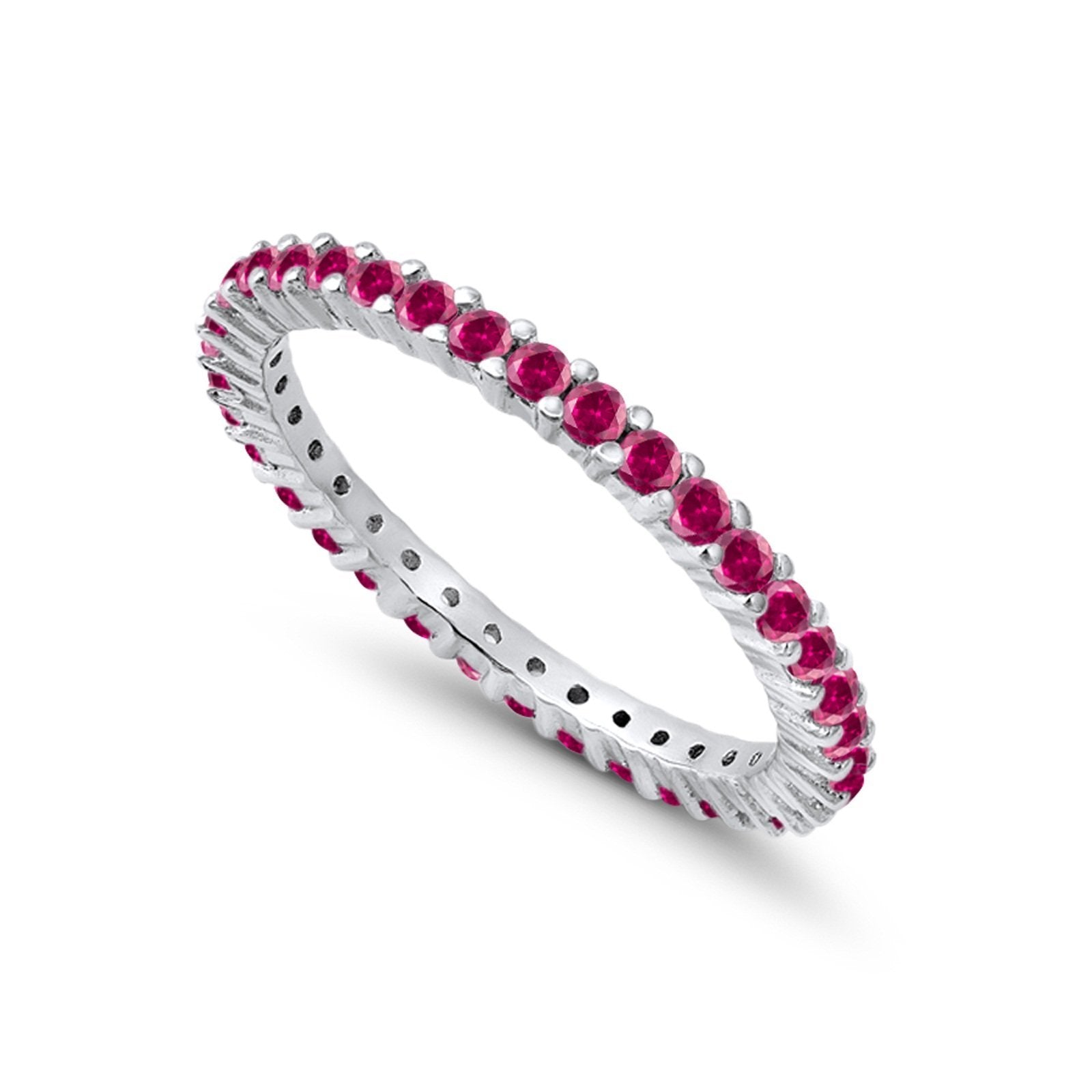 Full Eternity Wedding Band Round Simulated Ruby CZ Ring 925 Sterling Silver