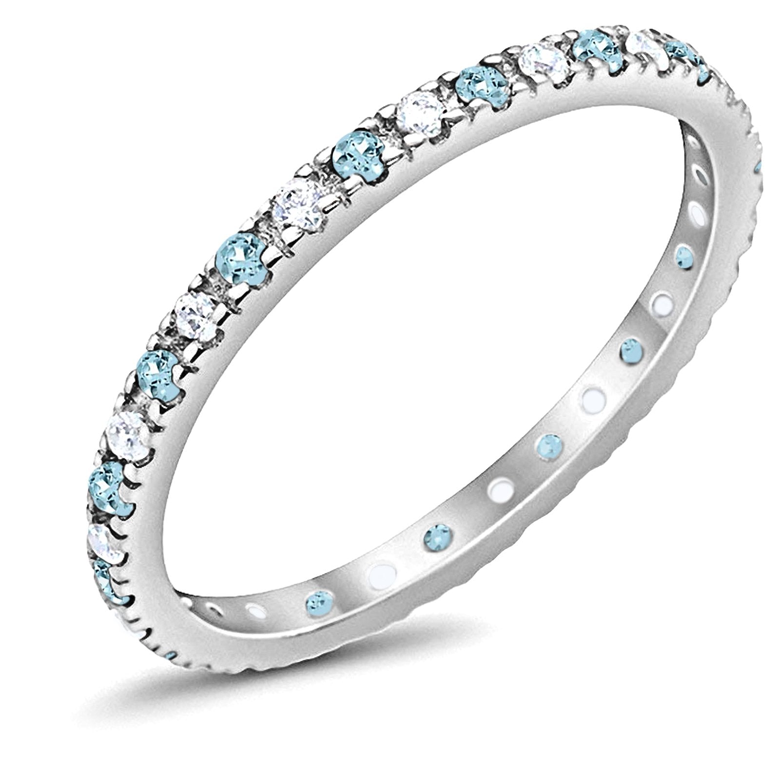 Full Eternity Wedding Design Ring Round Simulated Aquamarine CZ 925 Sterling Silver