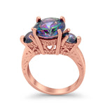 Three Stone Ring Round Rose Tone, Simulated Rainbow CZ & Rainbow 925 Sterling Silver
