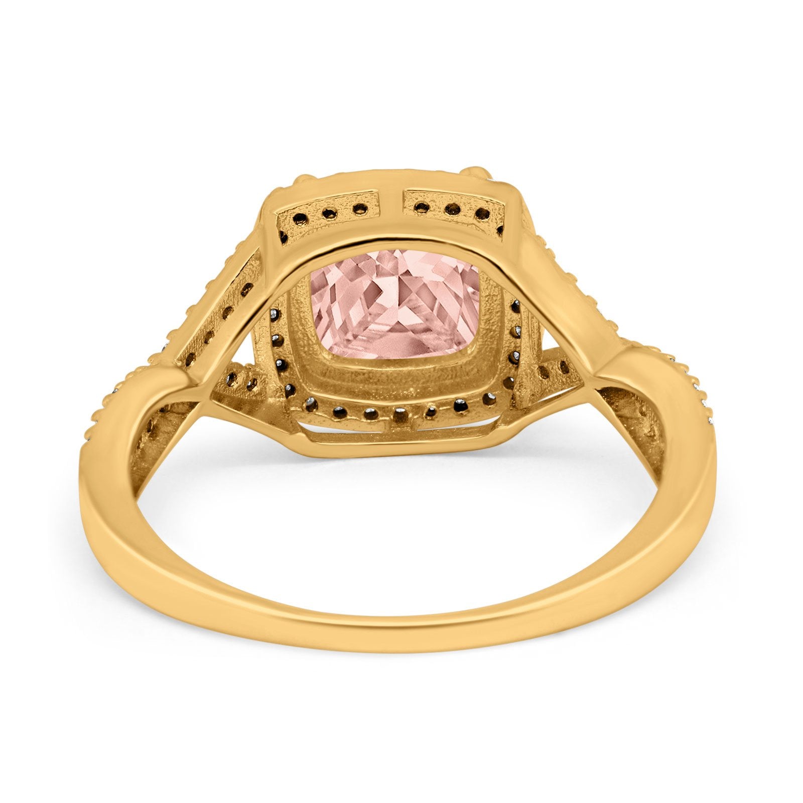 Halo Infinity Shank Engagement Ring Cushion Yellow Tone, Simulated Morganite CZ 925 Sterling Silver