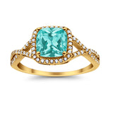 Halo Infinity Shank Engagement Ring Cushion Yellow Tone, Simulated Paraiba Tourmaline CZ 925 Sterling Silver