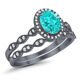 Halo Bridal Set Piece Oval Black Tone, Simulated Paraiba Tourmaline CZ Ring 925 Sterling Silver