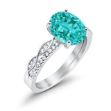 Two Piece Oval Bridal Wedding Ring Simulated Paraiba Tourmaline CZ 925 Sterling Silver