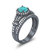 Two Piece Wedding Promise Ring Black Tone, Simulated Paraiba Tourmaline CZ 925 Sterling Silver