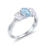 Oval Three Stone Engagement Ring Simulated Aquamarine CZ 925 Sterling Silver