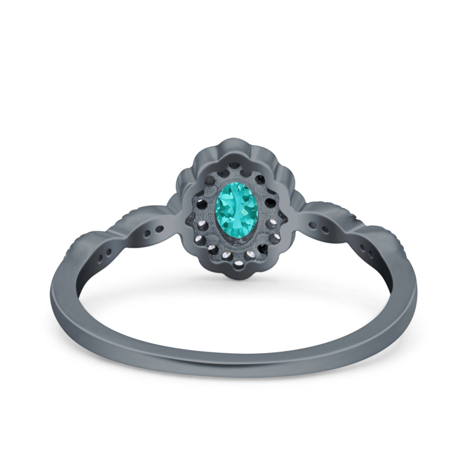 Halo Art Deco Oval Engagement Ring Black Tone, Simulated Paraiba Tourmaline CZ 925 Sterling Silver