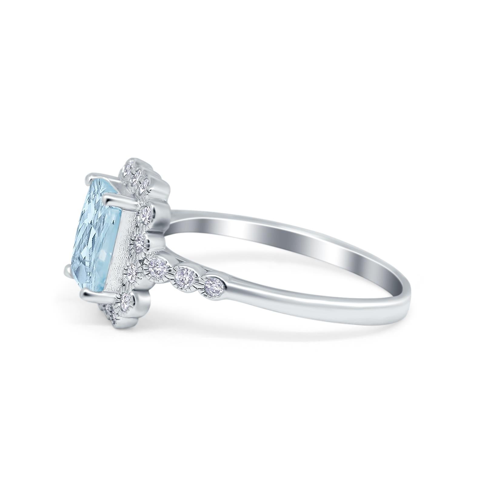 Halo Radiant Cut Wedding Ring Simulated Aquamarine CZ 925 Sterling Silver