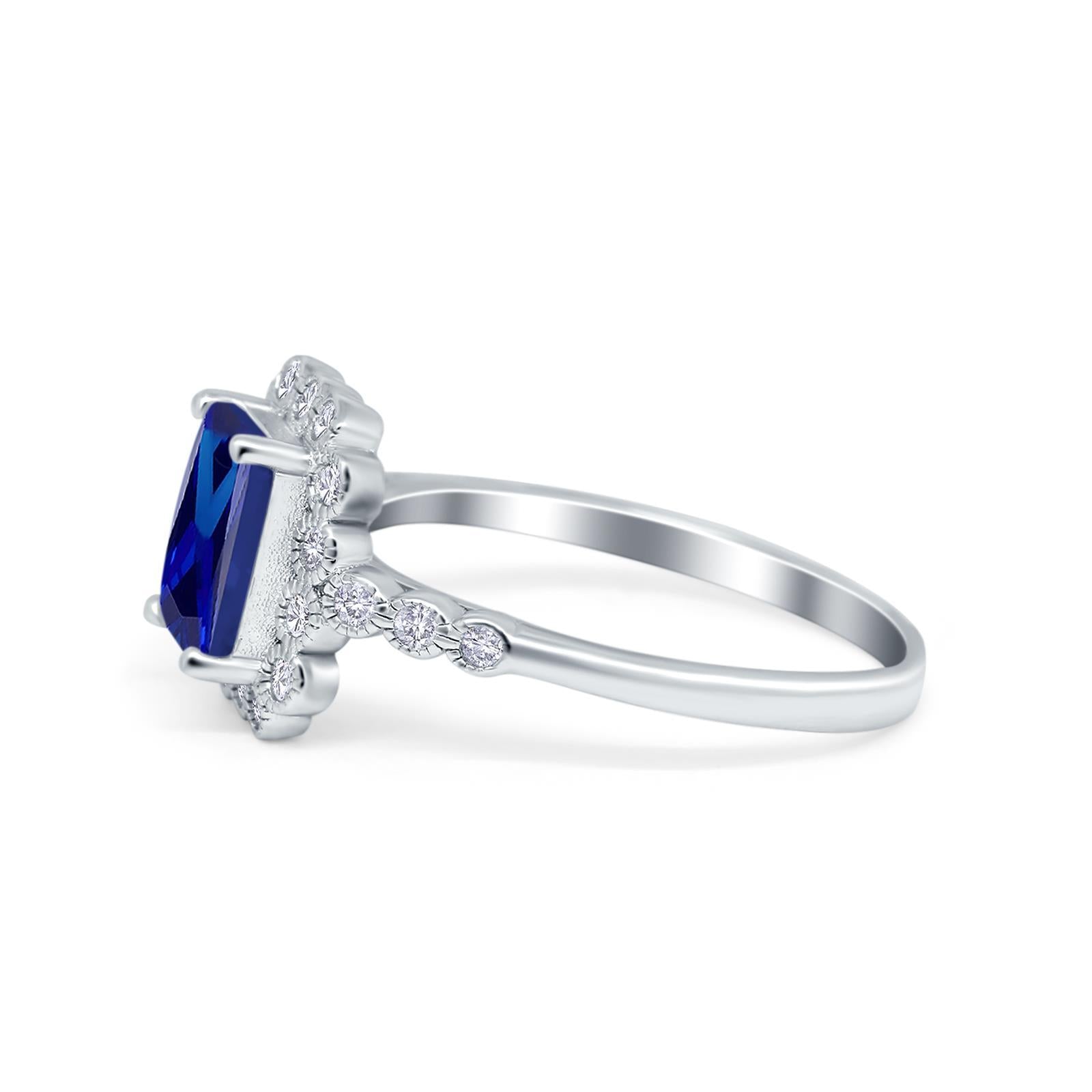 Halo Radiant Cut Wedding Ring Simulated Blue Sapphire CZ 925 Sterling Silver