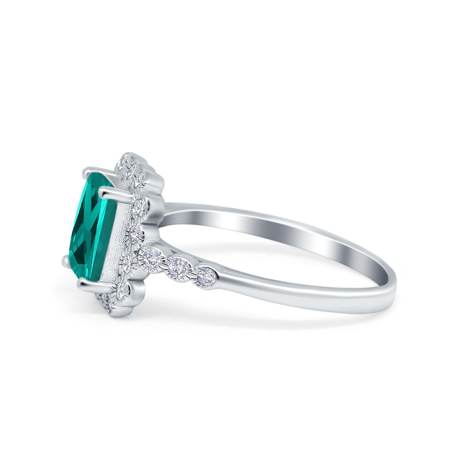 Halo Radiant Cut Wedding Ring Simulated Paraiba Tourmaline CZ 925 Sterling Silver