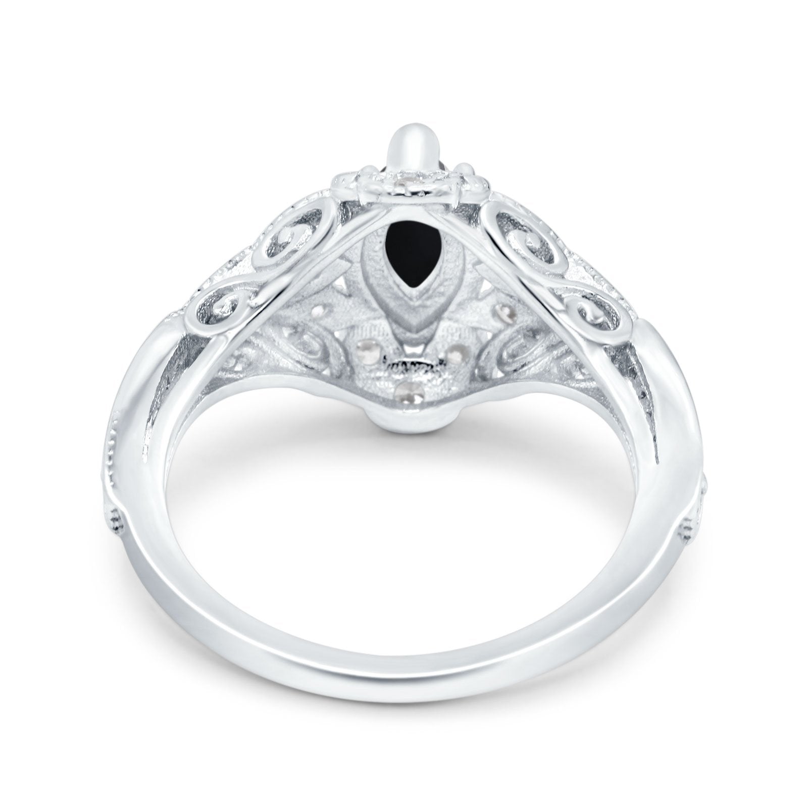 Marquise Art Deco Engagement Ring Accent Simulated Black CZ 925 Sterling Silver