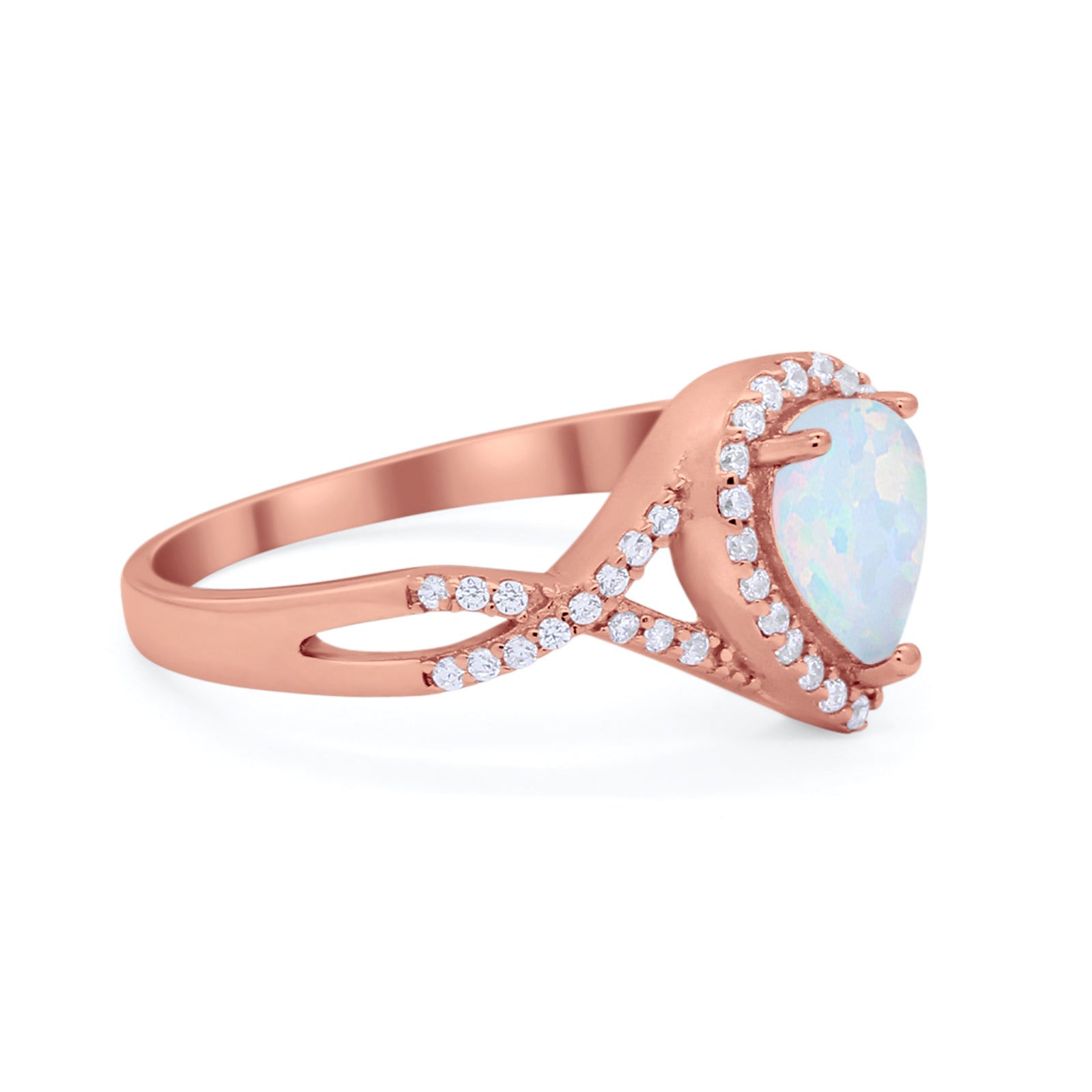 Teardrop Wedding Promise Ring Infinity Round Rose Tone, Lab White Opal 925 Sterling Silver