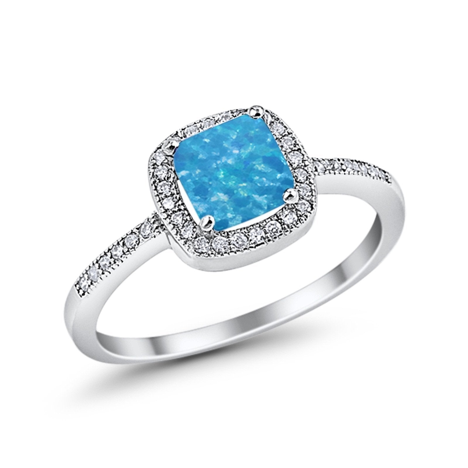 Halo Accent Engagement Ring Lab Created Blue Opal 925 Sterling Silver