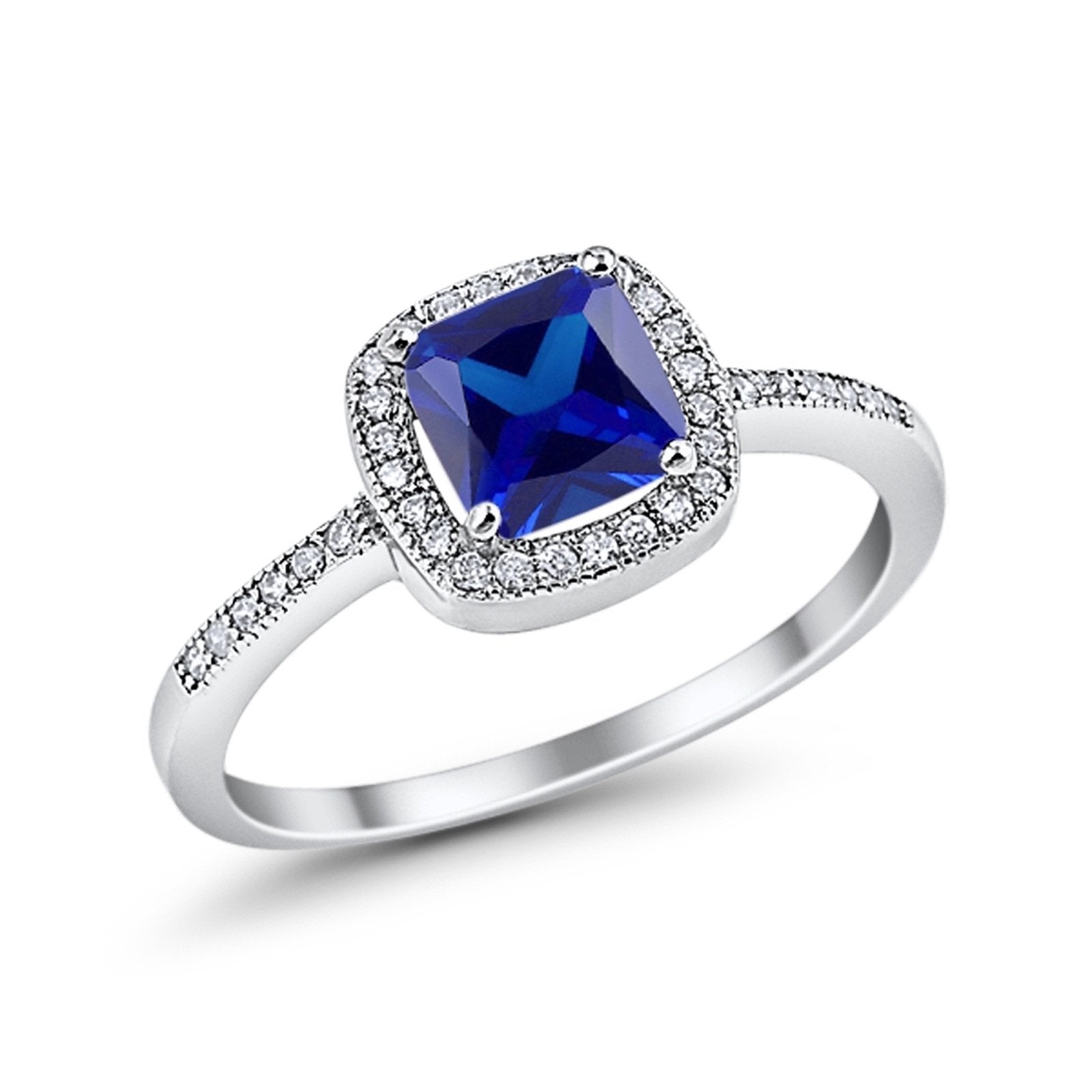 Halo Accent Engagement Ring Simulated Blue Sapphire CZ 925 Sterling Silver