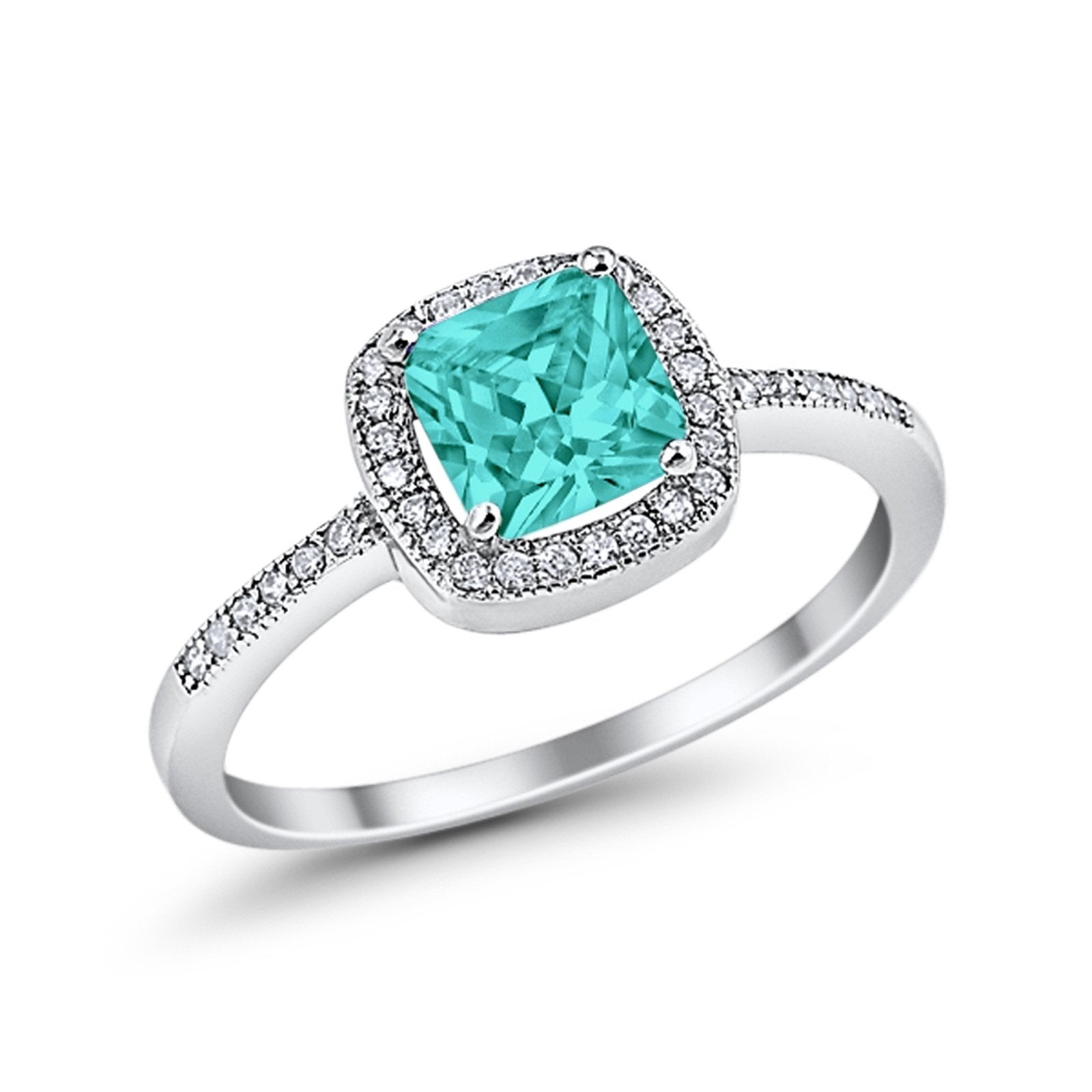Halo Accent Engagement Ring Simulated Paraiba Tourmaline CZ 925 Sterling Silver
