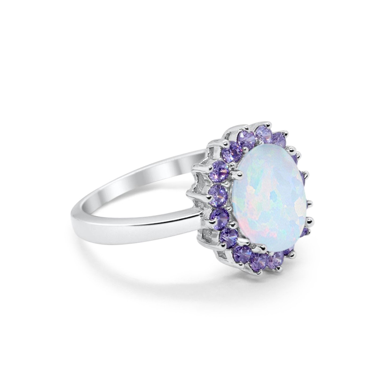 Halo Ring Simulated Amethyst Oval Lab Created White Opal 925 Sterling Silver