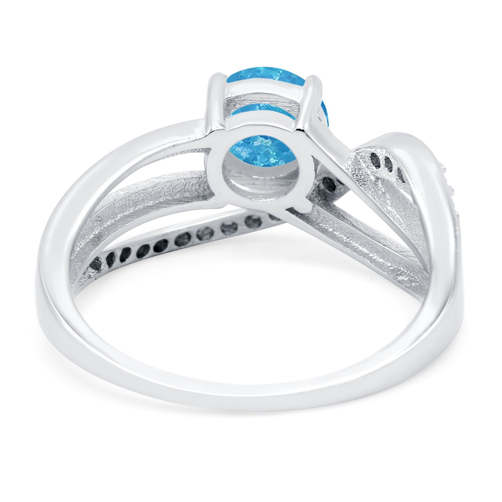 Art Deco Wedding Crisscross Ring Round Lab Created Blue Opal 925 Sterling Silver