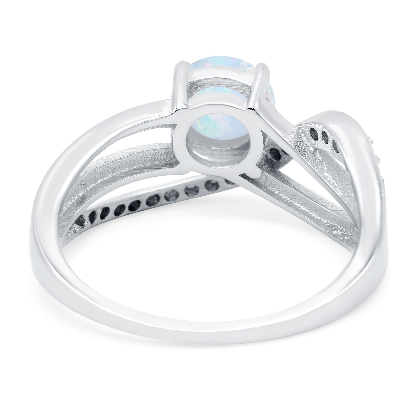 Art Deco Wedding Crisscross Ring Round Lab Created White Opal 925 Sterling Silver